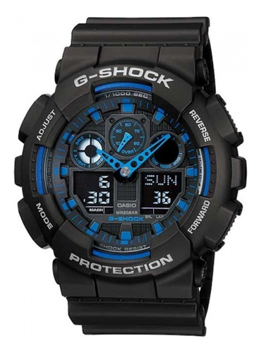 Imagen 1 de 3 de Reloj de pulsera Casio G-Shock GA-100 de cuerpo color negro, analógico-digital, para hombre, fondo negro, con correa de resina color negro, agujas color azul, dial negro y azul, subesferas color negro, gris y azul, minutero/segundero azul, bisel color negro y azul y hebilla doble