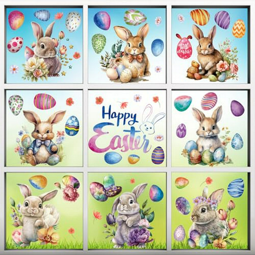 Adornos Ventanas Pascua: Conejos Huevos Cristales