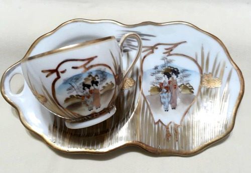 Set Taza Plato Porcelana Japonesa Cáscara De Huevo Sello Roj