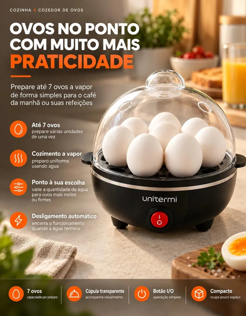 Cozedor de Ovos Elétrico Portátil a Vapor para até 7 Ovos com Desligamento Automático ViaCruz