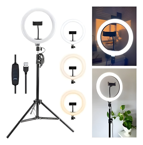 Aro De Luz Pack X2 Unidades Led 26 Cm Con Trípode 2 Metros Negro