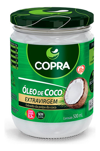 Óleo óleo de coco extra virgem Copra vidro sem glúten 500 ml