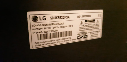 Tv LG 50'' Smart Ai 50uk6520psa - Para Retirada De Peças