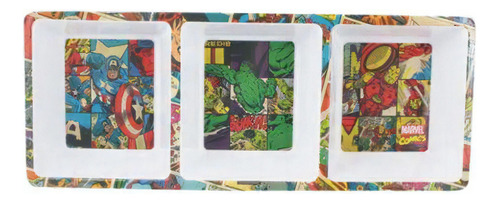 Petisqueira Retangular Marvel Comics - 3 compartimentos com impressão de super herois e muito resistente