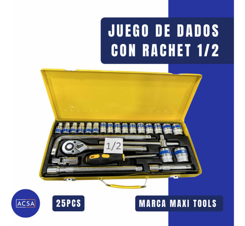 Juego De Dados Con Rachet 1/2, 25 Pcs Marca Maxi Tools