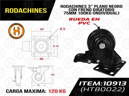 Rodachines 3\\\'\\\' Plano Negro Freno Giratorio 75mm 100k