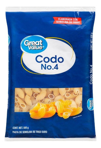 7 Pzas Pasta Great Value Codo 4, 500 G