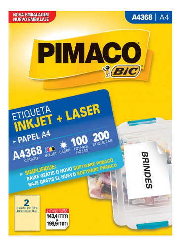 Etiqueta Pimaco Inkjet + Laser 100 Folhas A4368