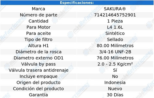 Filtro Aceite Sintético Seat Ibiza L4 1.6l 17-20 Sakura