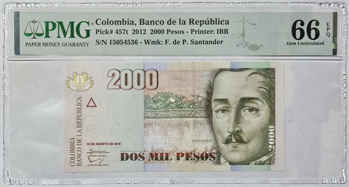 Billete Certificado 2000 Pesos 16/ago/2012 Pmg 66epq