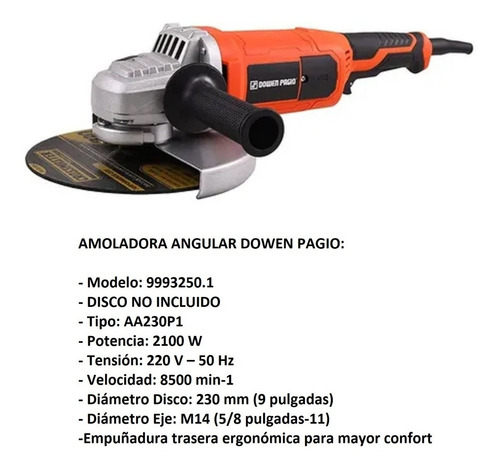 Imagen 2 de 4 de Amoladora Angular 230mm 2100w Dowen Pagio 9993250.1 220v