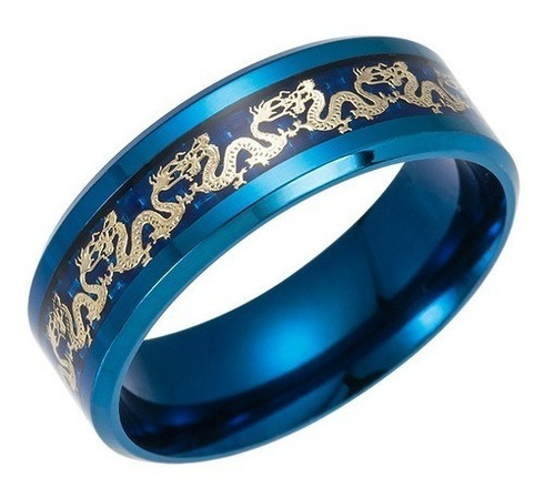 Anillo Argolla Cadena De Dragón Azul Acero Inoxidable Hombre