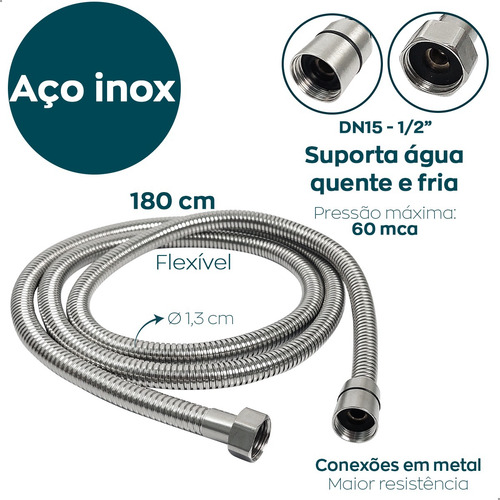 Mangueira Engate Flexível 1 Metro E 80cm Inox 304 Femea X Femea Rabicho 1/2 Para Chuveiro Ducha Higiênica Chuveirinho Banheiro Lavatório Salão Beleza Dona D.cor