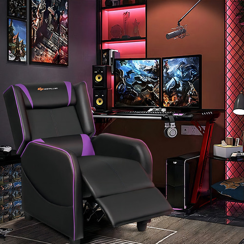 Goplus Silla Reclinable Gamer Masaje Tipo Carreras Piel Sint Color Negro & Morado