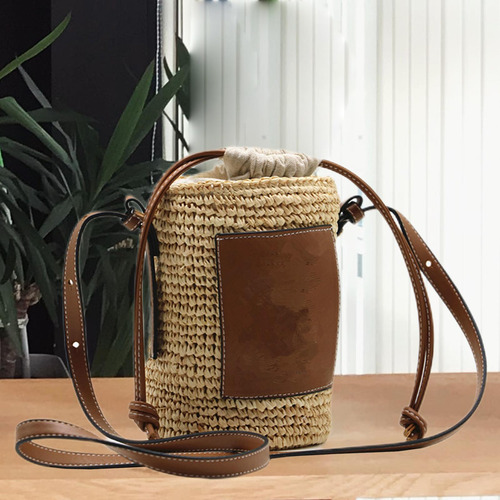 2 Bolso De Paja De Barril Redondo Tejido A