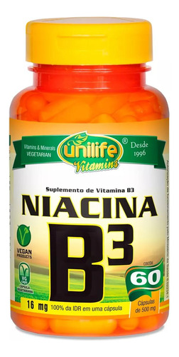 Vitamina B3 - Niacina 500mg - 60 Cápsulas Unilife