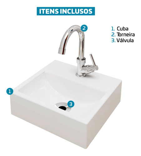 KIT Cuba Pia De Apoio Quadrada 32x30cm Topázio Para Banheiro Com Torneira E Válvula Cromada Beltempo