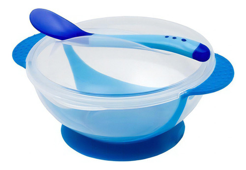 Plato Bowls Con Tapa + Cuchara Termosensible Base C/ Sopapa Color Azul