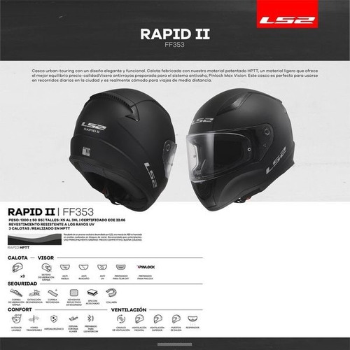 Casco Moto Integral Ls2 353 Rapid 2 Visor Simple 22.06 Gaona Negro Mate M