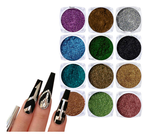 Kit 12 Polvo Efecto Espejo Uñas +12 Aplicadores