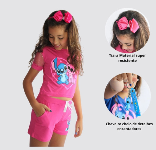 Conjunto Infantil Lilo Stitch + Chaveiro+tiara Super Kit