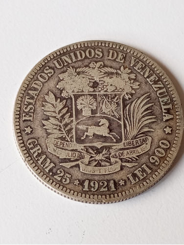 Moneda De 5 Bs Fuerte De Plata De 1921