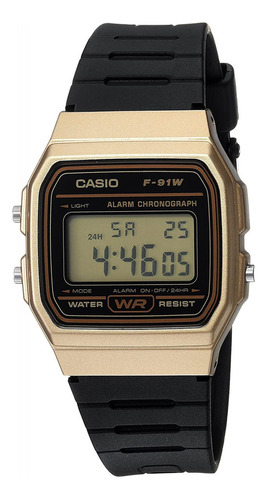 Reloj pulsera Casio Collection F-91 de cuerpo color dorado, digital, para hombre, fondo dorado, con correa de resina color negro, dial negro, minutero/segundero negro, bisel color negro y hebilla simple