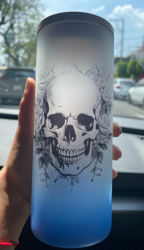 Vaso Vidrio Con Tapa De Bambú Craneo Y Flores 650 Ml Azul 2