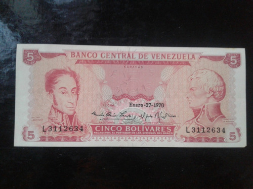 Billete Antiguo De 5 Bolivares De 1970