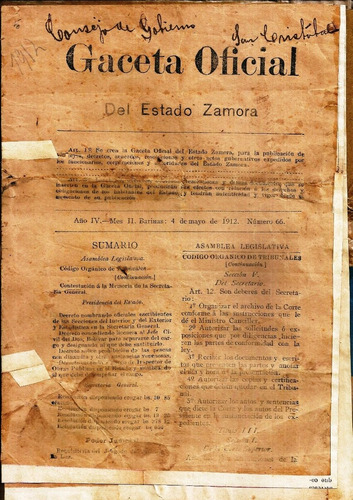 Antigua Gaceta Oficial Del Estado Zamora Barinas Mayo 1912