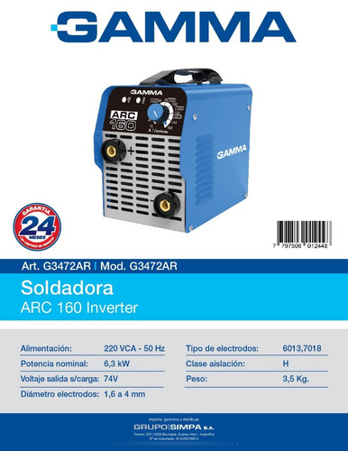 Imagen 2 de 7 de Soldadora Inverter Gamma Arc 160 Garantia 2 Años Chavay