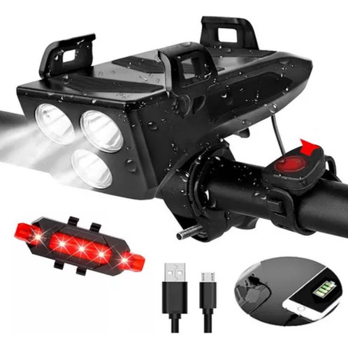 Luces Bicicleta Led Recargable Usb Con Luz Trasera Y Claxon Negro