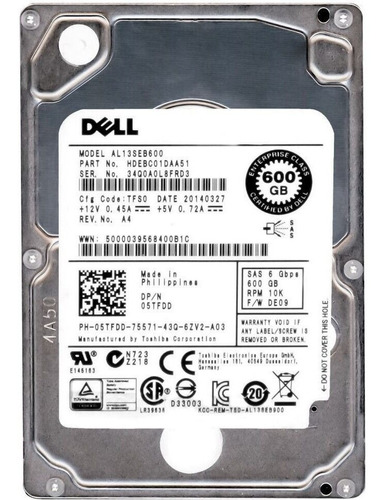 Hd Dell 600gb 10k Sas 2,5 5tfdd Al13seb600 05tfdd 5tfdd 600gb 10000u/min 64mb Sas-2