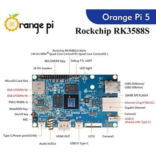 Placa Única Orange Pi 5 Rockchip Rk3588s De 16 Gb, 8 Núcleos