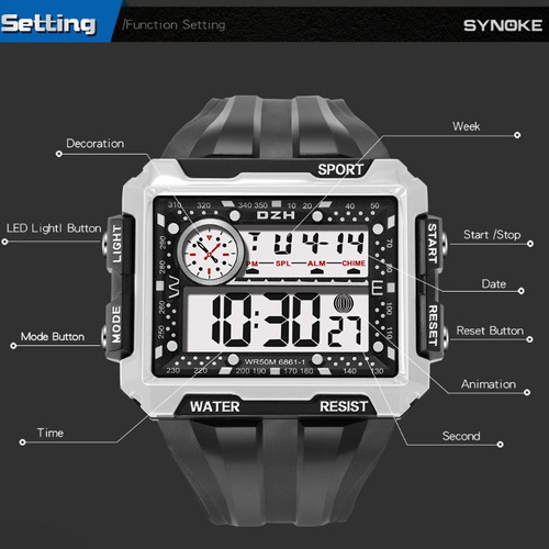 Reloj Electrónico Digital Synoke Square Chronograph Color Del Bisel Negro
