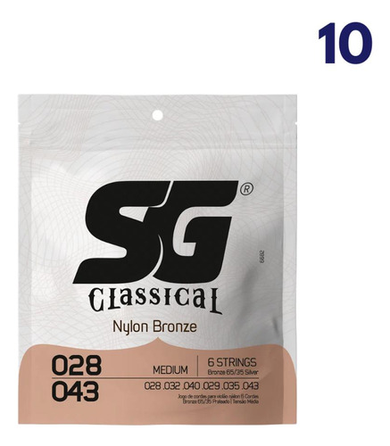 Jogo 10 Pctes Cordas Sg P/violao Nylon Bronze 65 35 0.028