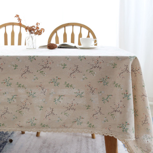 Mantel Rectangular De Lino Y Poliéster Con Borde De Encaje