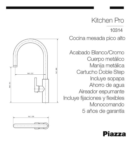 Imagen 2 de 6 de Griferia Cocina Monocomando Piazza Kitchen Pico Alto 10314