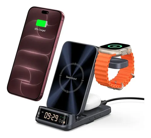 Estación de Carga Inalámbrica 3 en 1 para iPhone, Apple Watch y AirPods | carga rápida 5W para Watch, soporte de reloj giratorio, reloj LED curvo, plegable para viajes, iPhone 12‑18, SwanScout 708A