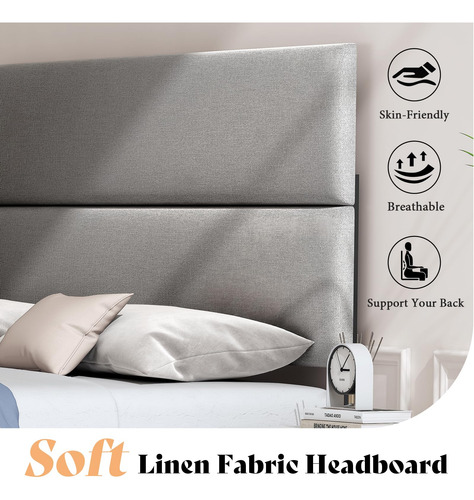 Marco De Cama Queen Con Cabecera Ajustable Tapizado Gris Cla