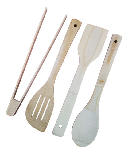 Set 4 Utensillos Bambú Cuchara Espatula Pinza Madera 30cm