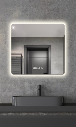 Espejo Led Baño Touch 3 Modo Con Antivaho Hora Temp 60x60cm