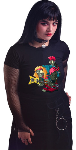 Playera Negra Panda Plantas Vs Zombiestein Metalero