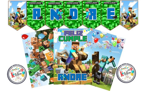 Banderín Minecraft Con Nombre Y Carteles Deco Feliz Cumple 