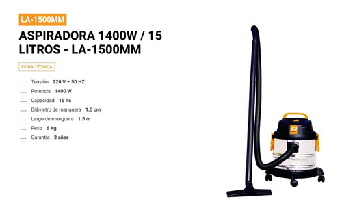 Imagen 2 de 9 de Aspiradora Lusqtoff La-1500mm 15l Negra, Naranja Y Acero In