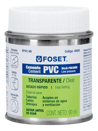 Cemento Para Pvc En Bote De 90ml Baja Presión Foset