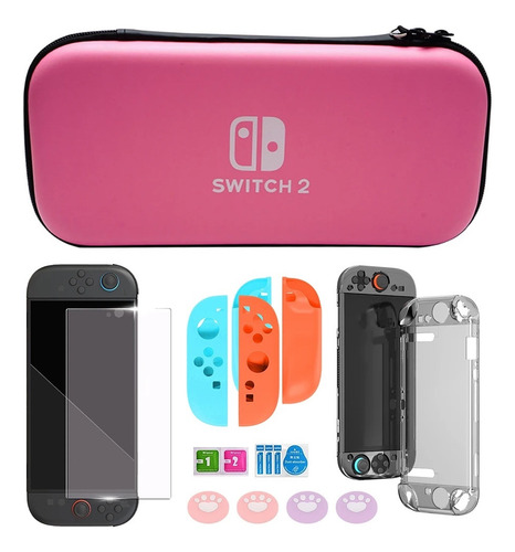 Pack Full Estuche Funda Mica Grips + Para Nintendo Switch 2 Rosa Chicle