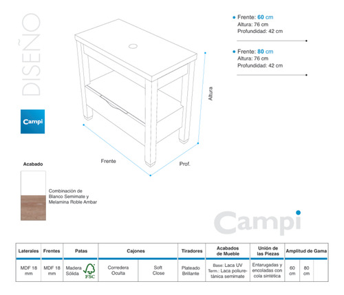 Mueble Vanitory Con Tapa Oak Campi 60 Blanco-roble Sin Bacha