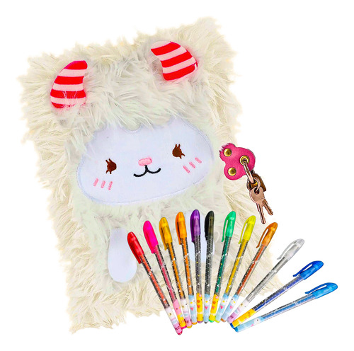 Diario Intimo Peluche + Lapiceras Glitter Candado Y Llaves Blanco Fluffy 2025