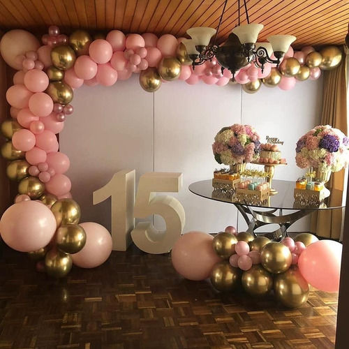 Decoracion Arco Globos Rosado Dorado Cumpleaños Quince Años | MercadoLibre